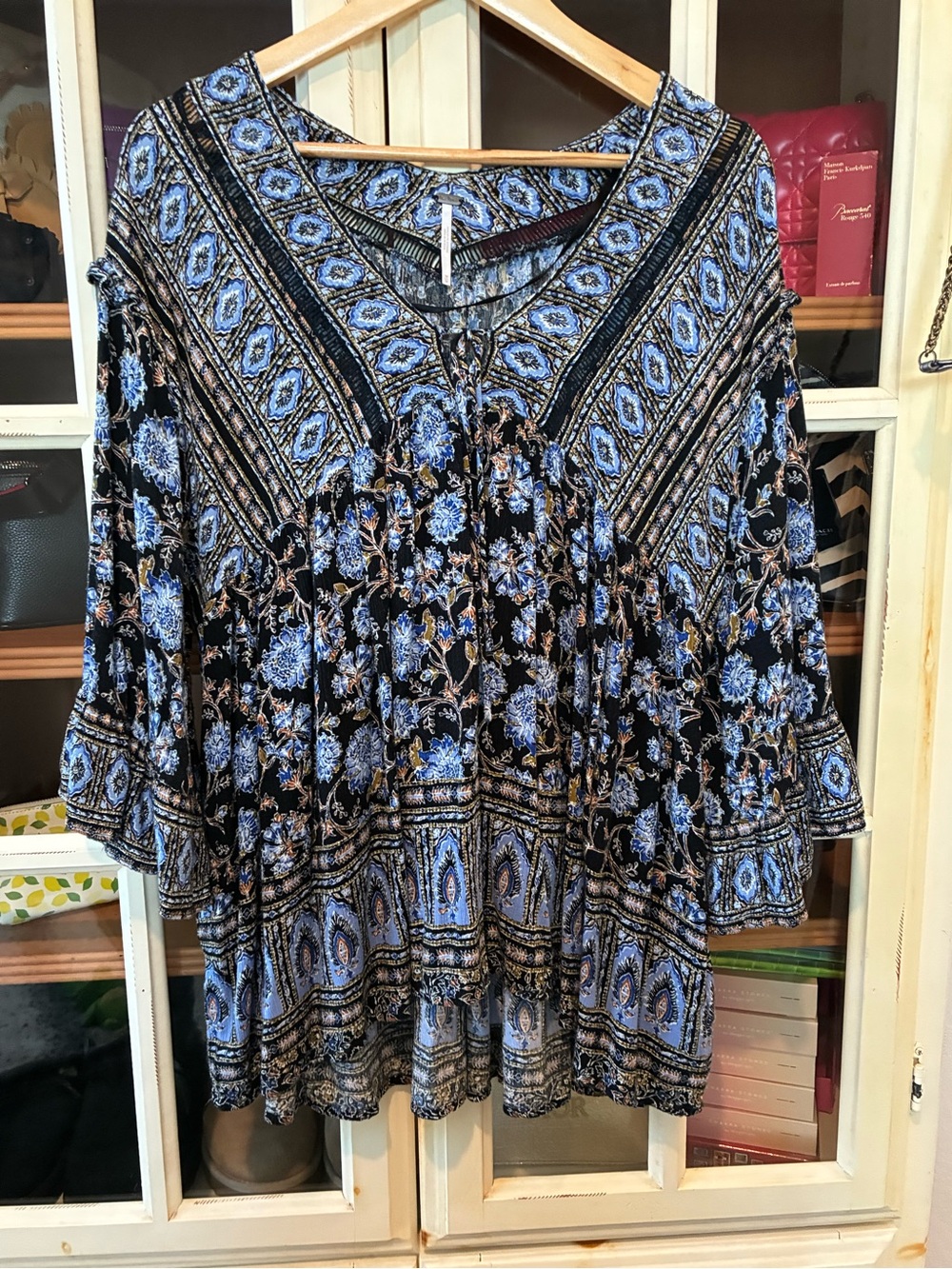 Free People Black and Blue Boho Floral Tunic